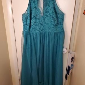 Beautiful lace top teal bridesmaids dress.